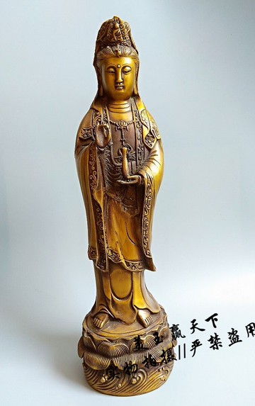 古玩雜項 仿古黃銅器觀音菩薩像復古禮品 站蓮觀音全身像風水擺件
