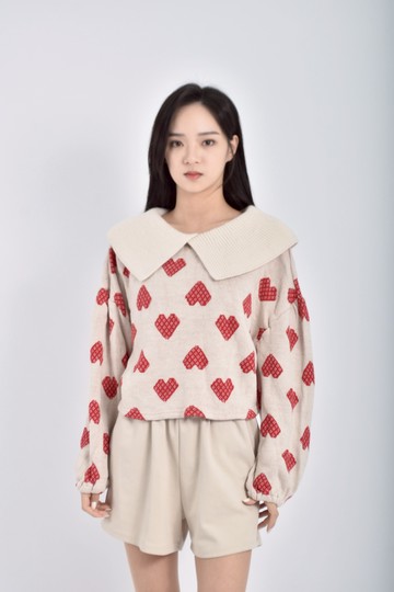 (F) bora bora質感針織愛心寬鬆杏色長袖上衣