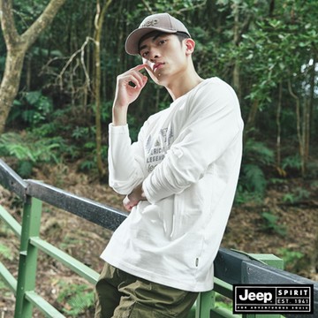 JEEP 男裝 率性風格印花純棉長袖T恤-白色