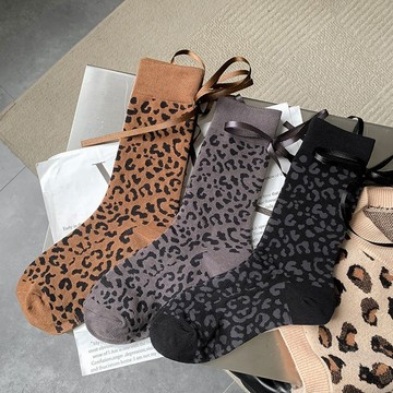 新品 襪子秋冬女 東大門ins款 絲帶蝴蝶結 豹紋 中筒女襪子女 秋冬中筒棉襪