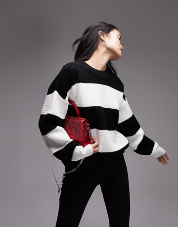 Topshop knitted stripe oversized jumper in mono-Multi