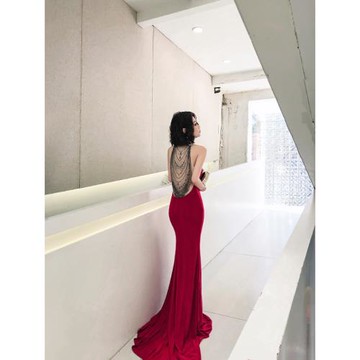 赫本/櫻紅Alice抖音款/奢華性感露背魚尾復古敬酒宴會晚禮服紅色