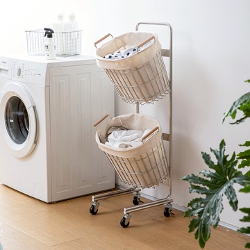 日本 霜山 移動式不鏽鋼雙層洗衣籃 附布套