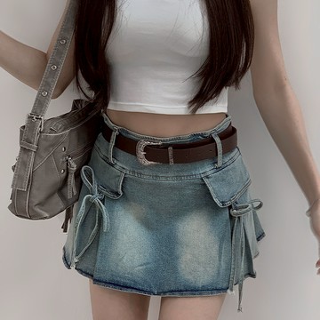 【Aa.chic熱賣商品】雙蝴蝶結皮帶牛仔短裙(單一色).下身/短裙/牛仔/百搭/復古/日常/穿搭【C028913】