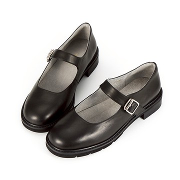 全真皮寬帶圓頭厚底瑪莉珍鞋 黑色