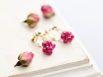 【耳環・耳夾】合成紅寶石實心漿果 粉紅 金平糖 7月誕生石