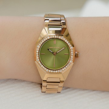 MINIFOCUS星塵時光滿鑽炫光面金屬鍊帶手錶【WMF0433】-綠面玫金帶