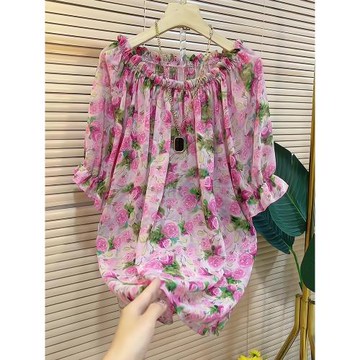 歐貨2025夏季新款時尚洋氣百搭寬松短袖t恤粉色花朵穿搭薄款女裝