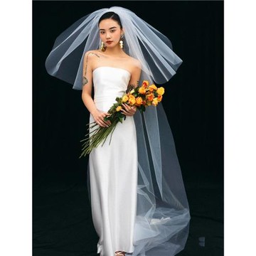 可拆卸長款拖尾多層蓬蓬頭紗婚紗攝影拍片道具頭紗跟妝凹造型硬紗