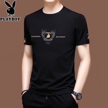 花花公子2025夏季新款冰絲短袖t恤男圓領潮印花半袖體恤打底衫薄