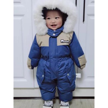 卡卡家跨境新款冬季男女童毛領加厚連帽連體防風保暖滑雪服哈衣