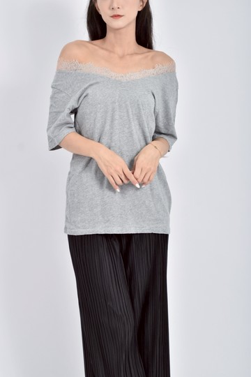 (S) lavender蕾絲V領灰色短袖上衣