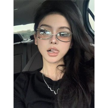 Y2K甜酷辣妹金屬貓眼太陽鏡女個性未來科技風墨鏡凹造型半框眼鏡