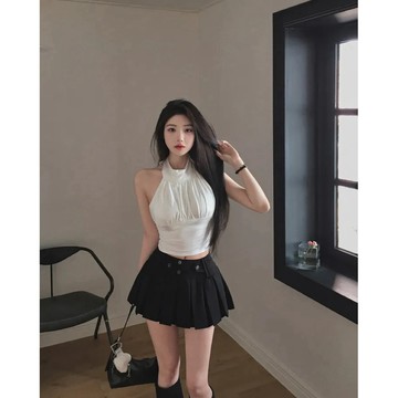 🇰🇷Korea韓國連線·正韓 繞頸削肩抓皺背心 繞頸背心 削肩背心 無袖背心 繞頸小可愛 露背 罩杯背心 BraTop