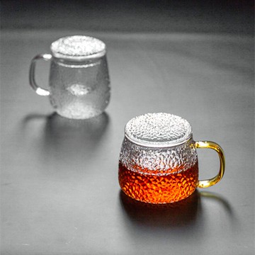 錘紋玻璃杯家用茶水分離杯泡茶杯透明大容量帶把帶蓋辦公耐熱杯子