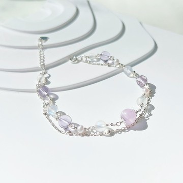 紫鋰輝 紫水晶 月光石 天然淡水珍珠  925純銀 雙層手鍊 天然水晶