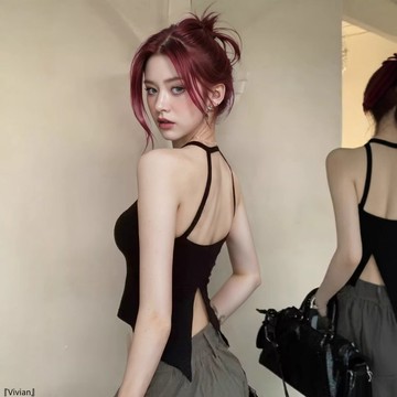 性感帶胸墊開叉美背吊帶背心女夏季抹胸辣妹修身上衣掛脖