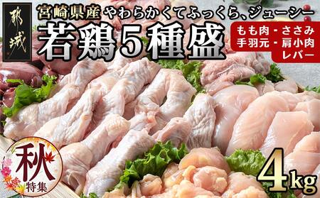 宮崎県産若鶏 5種盛4kgセット_AA-G302_(都城市) 鶏肉 モモ ささみ 手羽元 各1kg 肩小肉 レバー 各500g 冷凍 秋特集