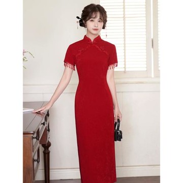 夢語春夏中式紅色婚宴改良旗袍中長款優雅氣質j敬酒服顯瘦連衣裙