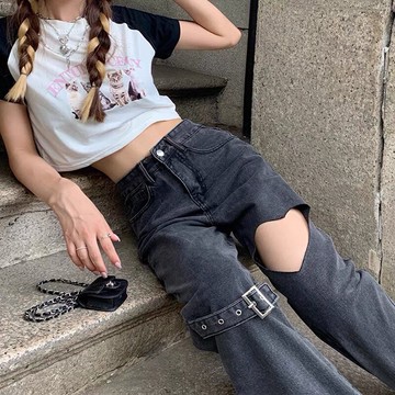 ins設計感愛心破洞牛仔褲女寬松新款夏高腰顯瘦闊腿牛仔長褲