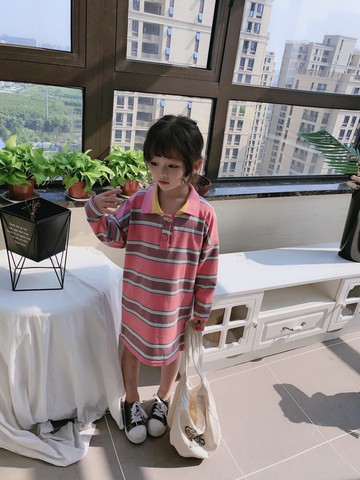 春秋季新款 中小童小清新連衣裙 兒童可愛舒適粉紅色翻領裙子1入