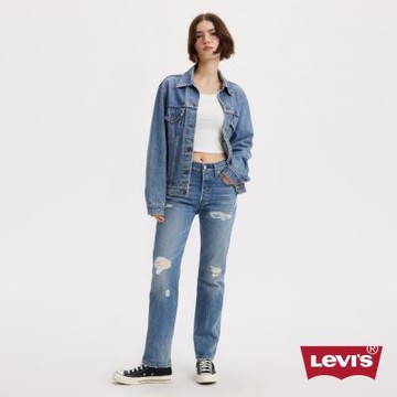 Levis 150週年紀念款 重現檔案庫歷史設計 女款 501高腰合身排釦直筒牛仔長褲 / 赤耳 / 精工刷破縫補工藝 熱賣單品