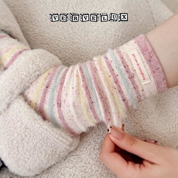 两件9.9折🔥臺灣出貨🔥可開發票✅軟糯拼色條紋羊毛襪子女秋冬植絨加厚保暖點子紗韓系百搭堆堆襪