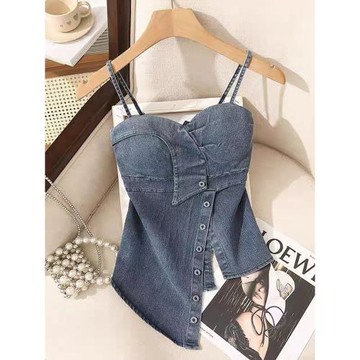 辣妹不規則牛仔吊帶背心女夏季外穿設計感顯瘦收腰修身短款上衣