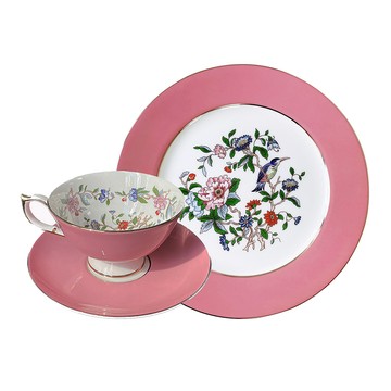 英國Aynsley雀鳥系列 組合優惠 骨瓷雅典色釉杯盤組+餐盤 2色 - 粉紅色杯盤組-天藍色餐盤