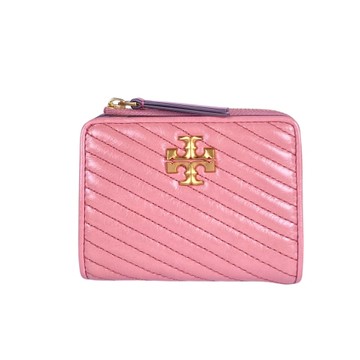 TORY BURCH Kira Moto縫線仿舊設計金屬LOGO暗釦拉鍊零錢袋短夾(粉色)