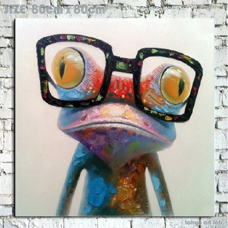 経典 手書き油絵 油彩画 インテリア 絵画 frog glasses 絵画 