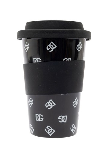 Dolce & Gabbana Black Mug With Lid And All-over Logo Detail In Porcelain And Sylicon Home