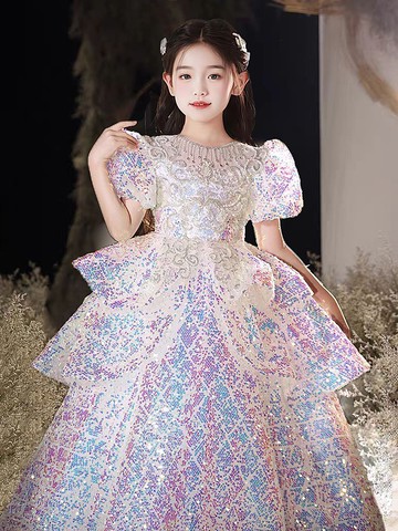 兒童晚禮服公主裙高端女童鋼琴演出服花童小女孩生日主持人亮片夏