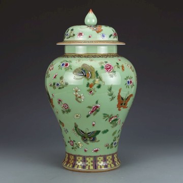 清乾隆豆青釉粉彩蝶戀花將軍罐仿古瓷器古董古玩包老保真收藏真品