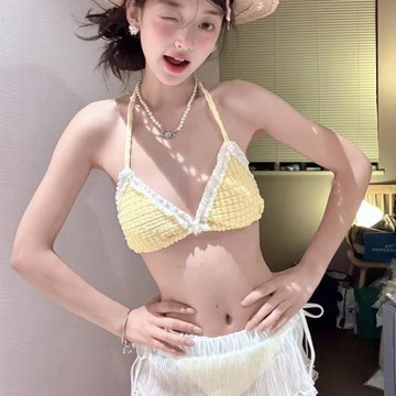 2026新款海邊度假泳衣套裝顯白黃色性感絕美少女分體比基尼泳裝