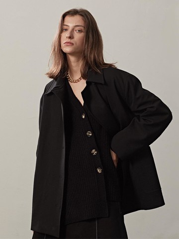 BELTED OVERSIZED HALF COAT JACKET(BLACK)