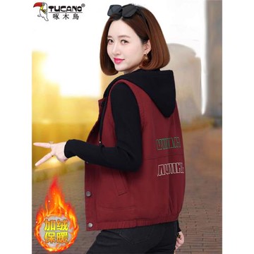 啄木鳥加絨純棉馬甲女2025秋季新款洋氣減齡大碼寬松百搭馬夾外套