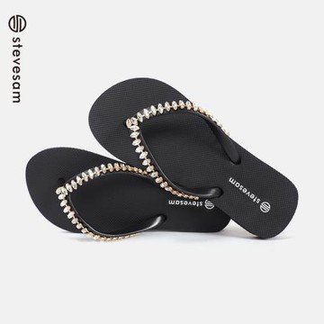 平底人字拖鞋女外穿夏季時尚水晶鏈條水鉆海邊鞋子可濕水夾腳拖鞋