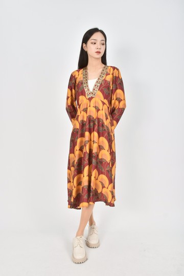 (M) dixie秋冬花卉圖騰紅色洋裝