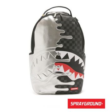 SPRAYGROUND-撞色棋盤格鋸齒鯊大容量後背包-銀色