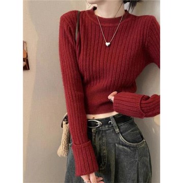 新年紅色掐腰毛衣女短款小個子坑條針織衫內搭春秋季打底修身上衣