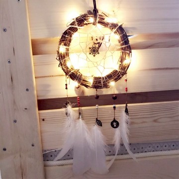 原創手工自制復古藤圈捕夢網小夜燈 捕夢網diy材料包創意風鈴掛飾