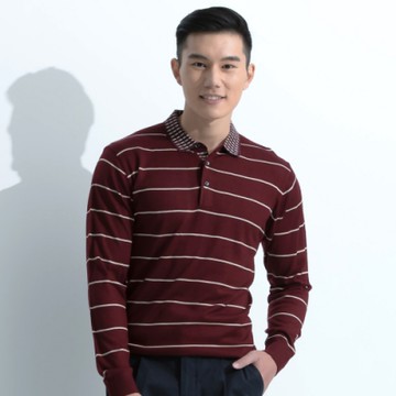 JOHN DUKE紳士休閒橫條翻領長袖毛衣_酒紅(60-5D1565)