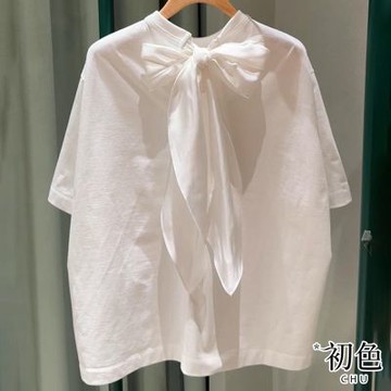 初色 純色蝴蝶結設計V領短袖T恤上衣女上衣-白色-12662(M-2XL可選/現貨+預購)