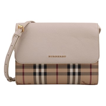 BURBERRY 巴寶莉 金屬字雙拼色皮革可拆帶斜背小方包(米X卡其格紋)