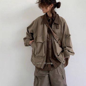 【HOT 本舖】男装春秋日系男女休閒寬鬆百搭廢土風外套復古多口袋翻領工裝飛行夾克