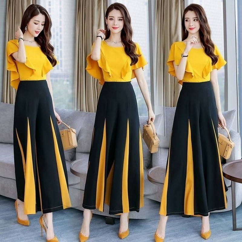 無地フリル スリーブ Tシャツ ガウチョパンツ シンプル パンツセット ベルト付き 期間限定 最安値挑戦 Tシャツ