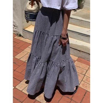 韓國chic夏季新款復古百搭高腰顯瘦拼接設計格子A字半身裙長裙女