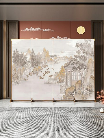 免運 隔斷折疊屏風 客製化            新中式古風山水畫實木折疊活動屏風客廳隔斷辦公室酒店裝飾背景墻