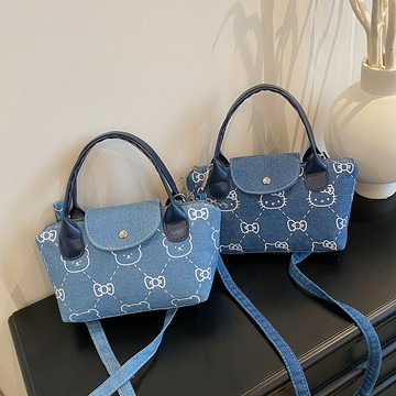 時尚單肩斜挎包2025新款迷妳餃子包可愛洋氣牛仔印花小貓手提包女鑫弘-素時衣櫥